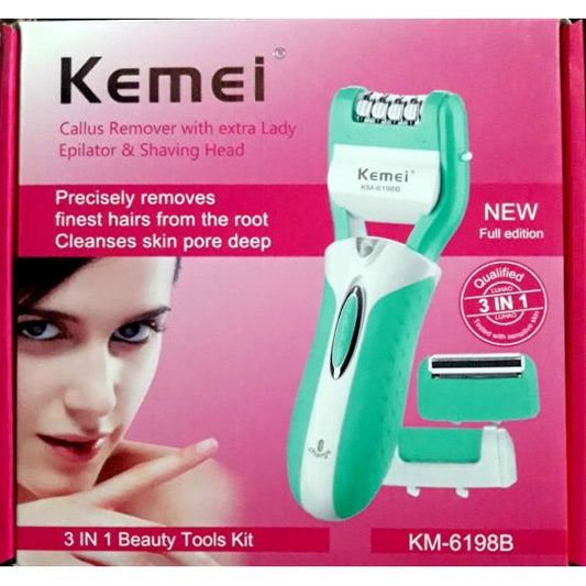 Kemei Km-6198 Rechargeable 3 In 1 Beauty Tools Kit For Women With Epilator, Callous Remover & Shaver